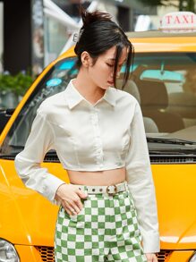 SHEIN BAE Solid Crop Shirt,Long Sleeve Tops - White - View 4