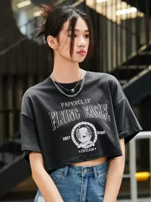 SHEIN EZwear Drop Shoulder Letter Graphic Tee - Grey - View 4