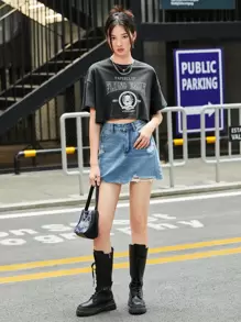 SHEIN EZwear Drop Shoulder Letter Graphic Tee - Grey - View 5