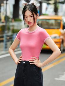 Muchica เสื้อยืด แต่งรอบคอและแขนสีตัด คอกลม - สีชมพู - ดู 6