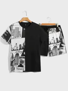 Manfinity Men Letter & Building Print Tee And Shorts Set - Black and White - View 1