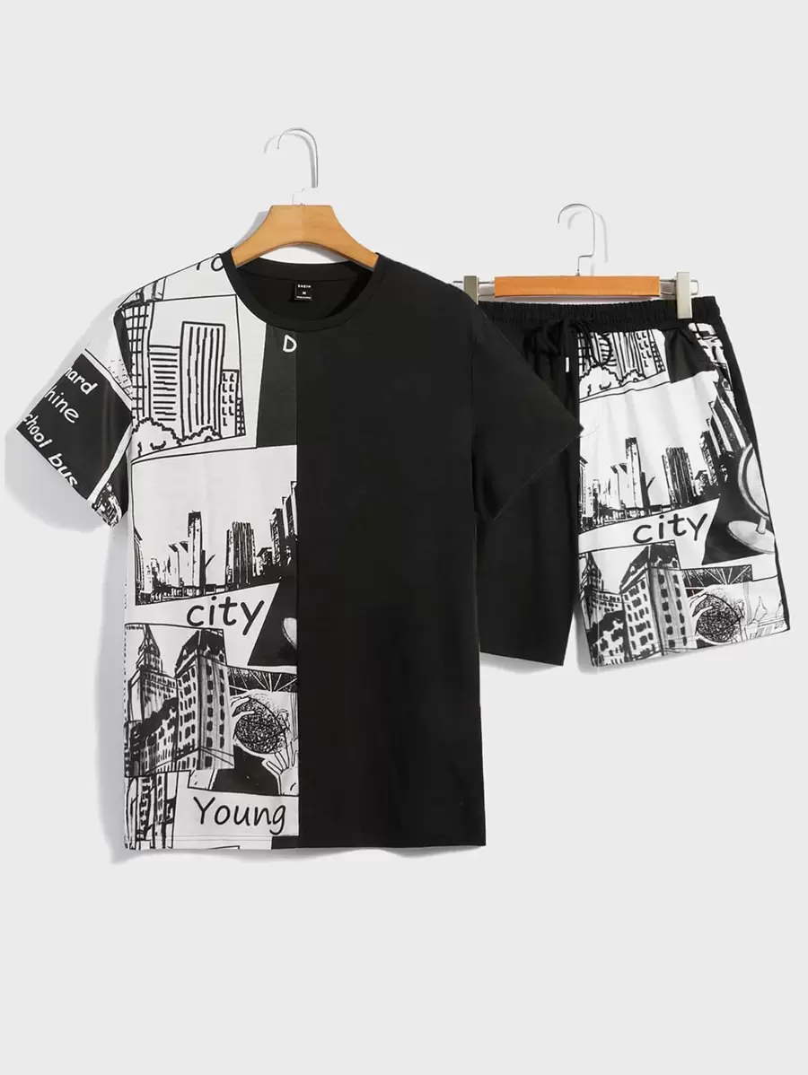 Manfinity Men Letter & Building Print Tee And Shorts Set - Black and White - View 1