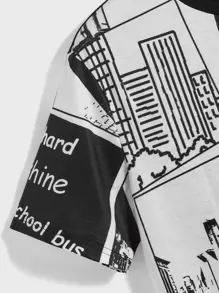 Manfinity Men Letter & Building Print Tee And Shorts Set - Black and White - View 3