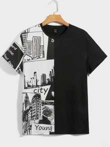 Manfinity Men Letter & Building Print Tee And Shorts Set - Black and White - View 4