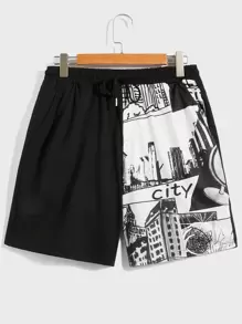 Manfinity Men Letter & Building Print Tee And Shorts Set - Black and White - View 6