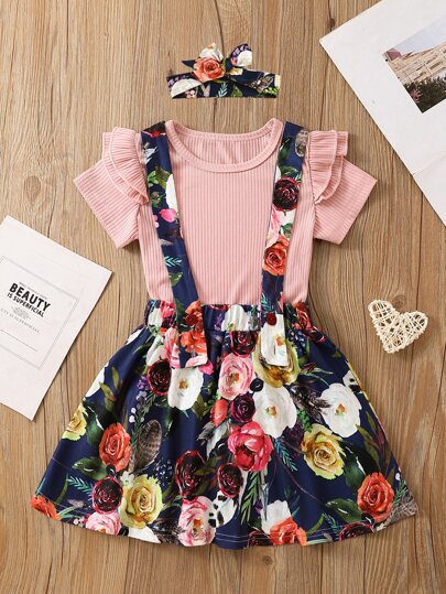 تيشيرت سادة بحياكة مضلعة مع تنورة بينافور بطباعة زهور طفلة صغيرة