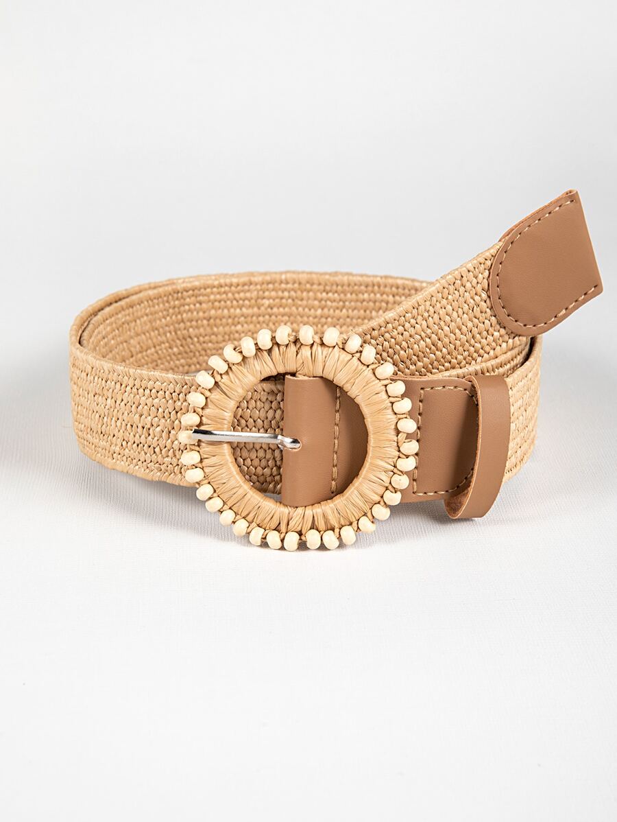 1pc Women Bead Decor Round Buckle Boho Straw Belt, For Beach