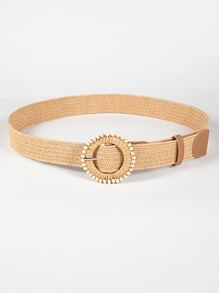 1pc Women Bead Decor Round Buckle Boho Straw Belt, For Beach