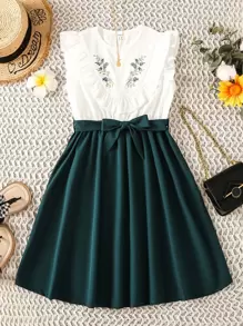 SHEIN Girls Colorblock & Plants Print Ruffle Trim Dress - Multicolor - View 1