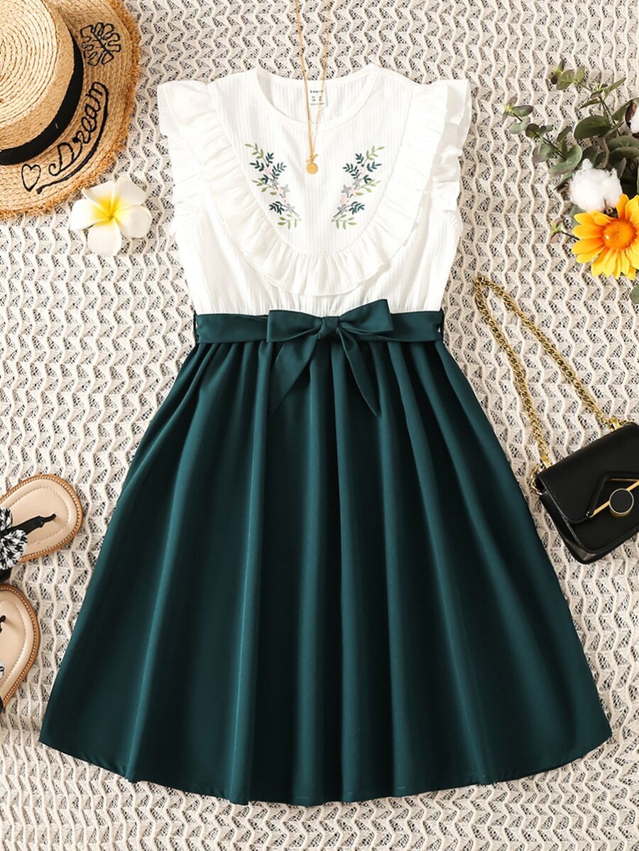 SHEIN Girls Colorblock & Plants Print Ruffle Trim Dress - Multicolor - View 1