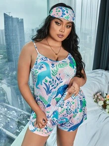 Plus Plants & Cartoon Graphic PJ Set With Eye Cover - Multicolor - View 3