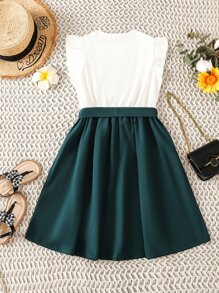 SHEIN Girls Colorblock & Plants Print Ruffle Trim Dress - Multicolor - View 2