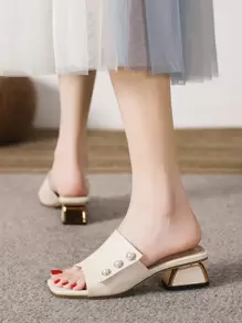 Faux Pearl Decor Chunky Heeled Mule Sandals,Spring Summer Outfits - Apricot - View 1