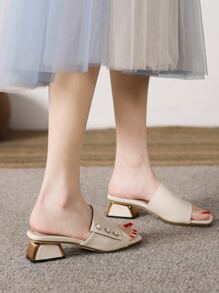 Faux Pearl Decor Chunky Heeled Mule Sandals,Spring Summer Outfits - Apricot - View 2