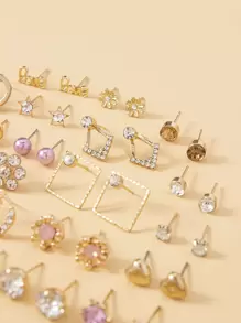 30pairs Cubic Zirconia & Flower Decor Earrings Valentines - Multicolor - View 3