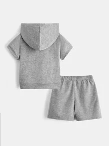 SHEIN 青年男孩字母圖形連帽領運動衫和短褲 - 淺灰色 - 查看 3