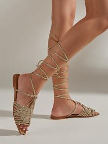 Sandal quai ngang buộc dây và tết bím dành cho nữ, sandal đế bằng thời trang mùa hè, trang phục đi biển. - Vàng - Xem 2