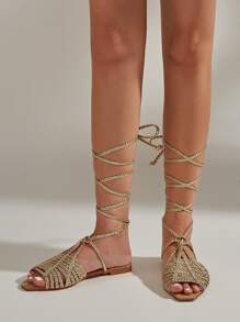 Sandal quai ngang buộc dây và tết bím dành cho nữ, sandal đế bằng thời trang mùa hè, trang phục đi biển. - Vàng - Xem 4