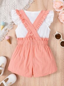 Baby Girl Butterfly Sleeve Tee & Ruffle Trim Bow Front Overall Shorts - Multicolor - View 2