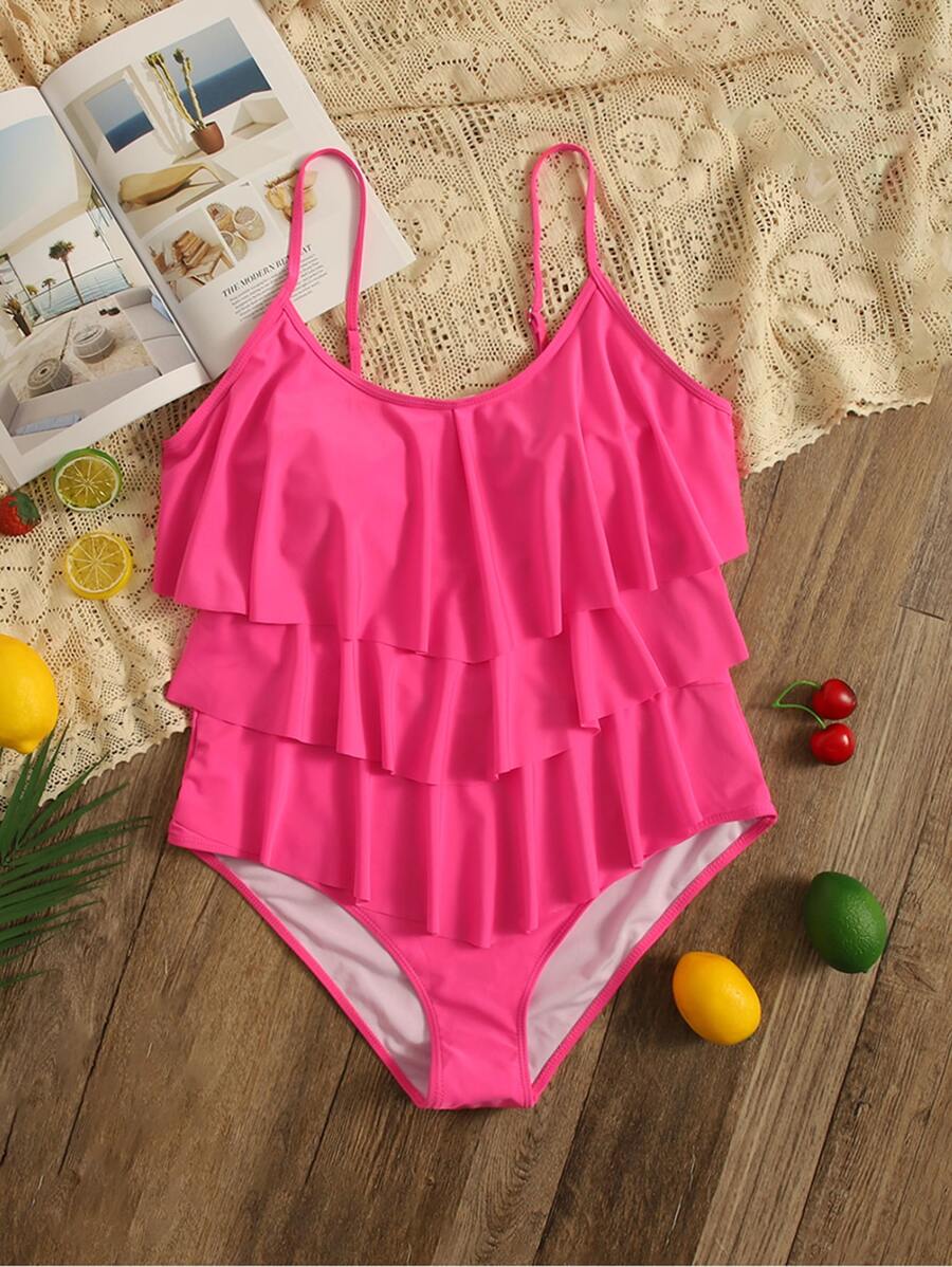 SHEIN Swim Curve Summer Beach Plus Tiered Ruffle Hem One Piece Swimsuit - Hot Pink - View 1