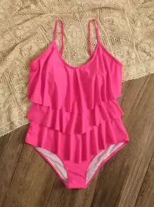 SHEIN Swim Curve Summer Beach Plus Tiered Ruffle Hem One Piece Swimsuit - Hot Pink - View 3