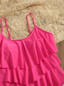 SHEIN Swim Curve Summer Beach Plus Tiered Ruffle Hem One Piece Swimsuit - Hot Pink - View 4