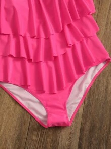 SHEIN Swim Curve Summer Beach Plus Tiered Ruffle Hem One Piece Swimsuit - Hot Pink - View 5