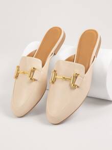 Faux Leather Round Toe Metal Buckle Flats - Beige - View 1