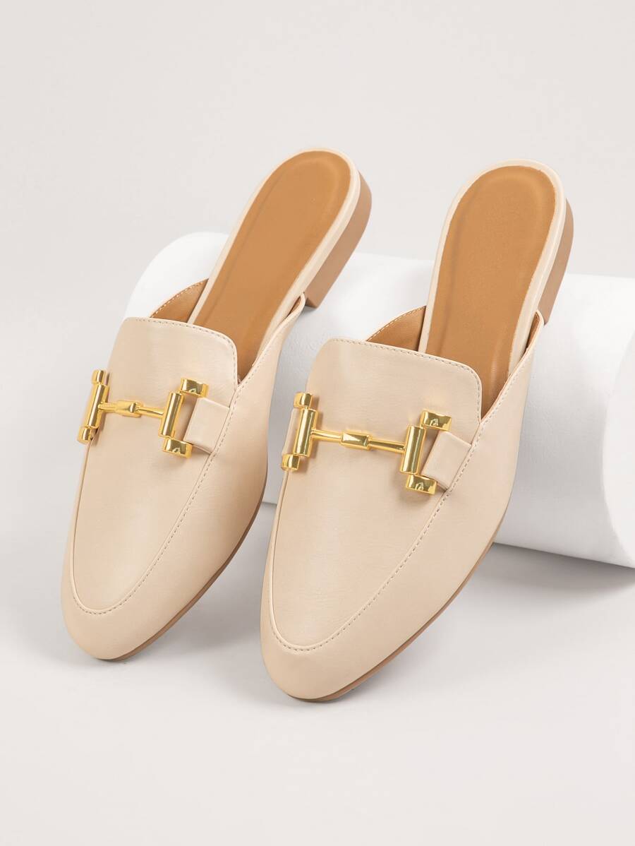 Faux Leather Round Toe Metal Buckle Flats - Beige - View 1
