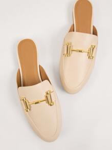 Faux Leather Round Toe Metal Buckle Flats - Beige - View 3
