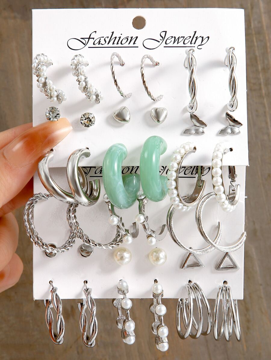 18pairs Faux Pearl & Butterfly Decor Earrings - Silver - View 1
