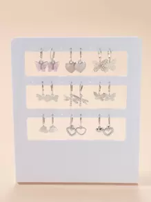 9pairs Heart & Butterfly Drop Earrings 9 Pairs Heart Butterfly Earrings Set - Multicolor - View 1