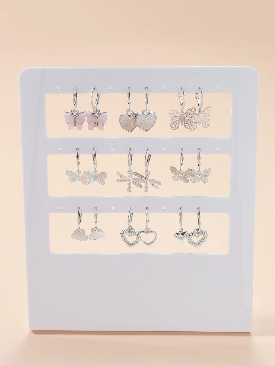 9pairs Heart & Butterfly Drop Earrings 9 Pairs Heart Butterfly Earrings Set - Multicolor - View 1