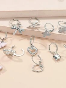 9pairs Heart & Butterfly Drop Earrings 9 Pairs Heart Butterfly Earrings Set - Multicolor - View 2