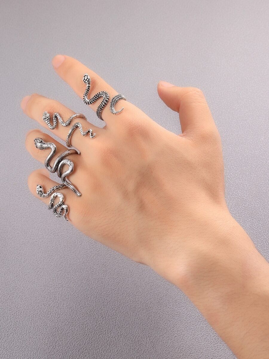 4入組男士蛇設計開口戒指銀不銹鋼時尚受歡迎首飾類禮品派對 - 銀色 - 查看 1