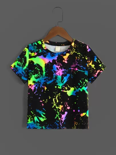 SHEIN Unga pojkar reflekterande splatter kortärmad T-shirt med rund hals, moderiktig och lämplig för sommarkläder