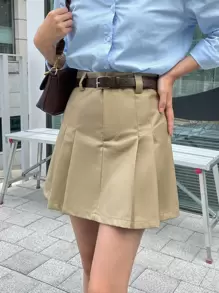 DAZY Solid Pleated Skirt Without Belt Fall - Khaki - View 1