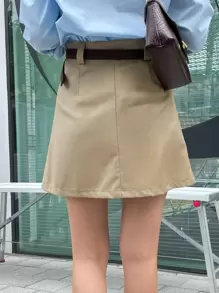 DAZY Solid Pleated Skirt Without Belt Fall - Khaki - View 2