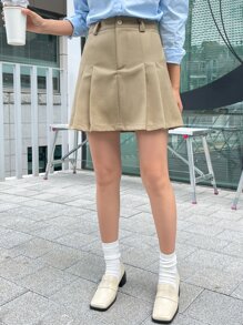 DAZY Solid Pleated Skirt Without Belt Fall - Khaki - View 4