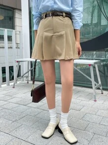 DAZY Solid Pleated Skirt Without Belt Fall - Khaki - View 6