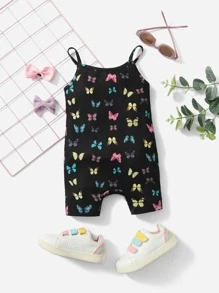 SHEIN Baby Girl Butterfly Print Cami Romper - Black - View 1