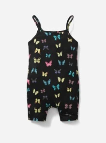 SHEIN Baby Girl Butterfly Print Cami Romper - Black - View 2