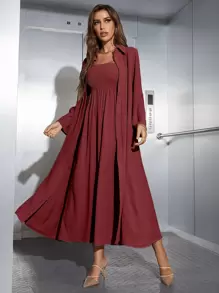 Mulvari Shirred Cami Dress & Open Front Coat Abayas - Red - View 1