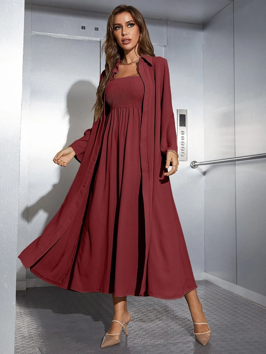 Mulvari Shirred Cami Dress & Open Front Coat Abayas - Red - View 1