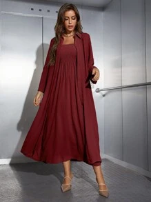Mulvari Shirred Cami Dress & Open Front Coat Abayas - Red - View 5