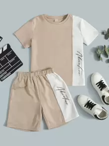 SHEIN Leap Crew Tween Boy Colorblock Letter Print T-Shirt And Shorts Set - Khaki - View 1