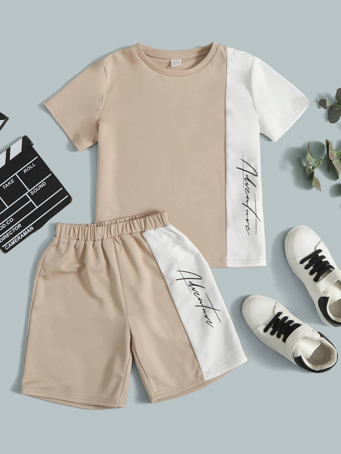 SHEIN Leap Crew Tween Boy Colorblock Letter Print T-Shirt And Shorts Set - Khaki - View 1