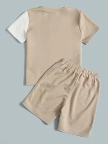 SHEIN Leap Crew Tween Boy Colorblock Letter Print T-Shirt And Shorts Set - Khaki - View 2