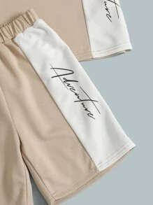 SHEIN Leap Crew Tween Boy Colorblock Letter Print T-Shirt And Shorts Set - Khaki - View 4