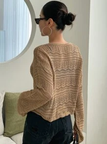 DAZY 前抽繩落肩袖網眼針織套頭毛衣不附胸罩 - 駝色 - 查看 2